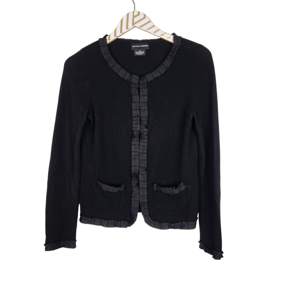 SUTTON CASHMERE Cardigan Sweater Womens XS Black 100% Cashmere Ruffle‎ Trim